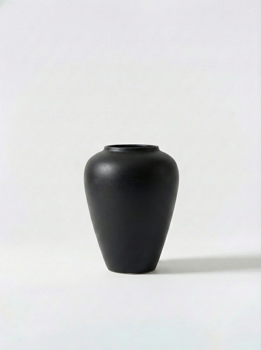 Minimalist white ceramic vase on a white background