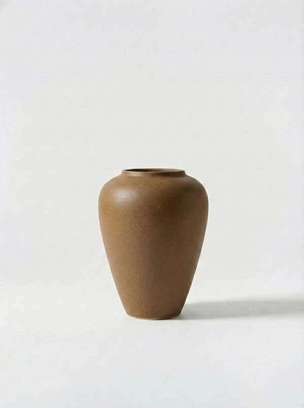 Minimalist brown ceramic vase on a white background