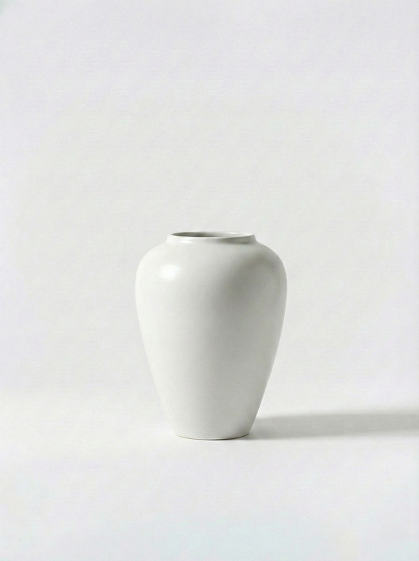 Minimalist white ceramic vase on a white background