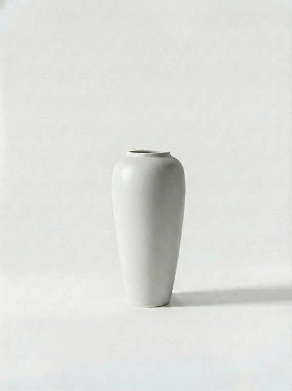 Minimalist gloss white ceramic vase on a white background