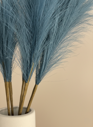 Teal faux pampas grass detail in white ceramic vase, realistic luxury silk plumes and wrapped stems #deep-teal