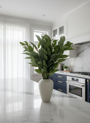Minimalist kitchen décor featuring artificial  realistic green eucalyptus arrangement