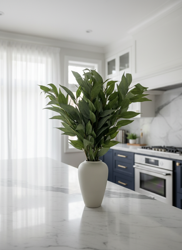 Minimalist kitchen décor featuring artificial  realistic green eucalyptus arrangement