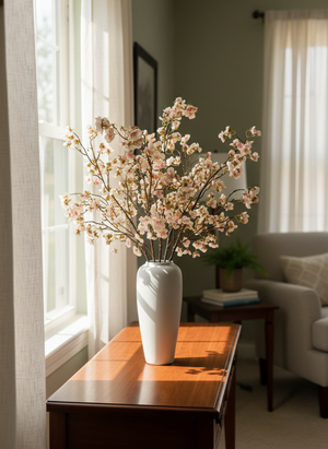 Pink faux cherry blossom arrangement in tall white vase on wooden console table, stylish floral home decor #blush-pink