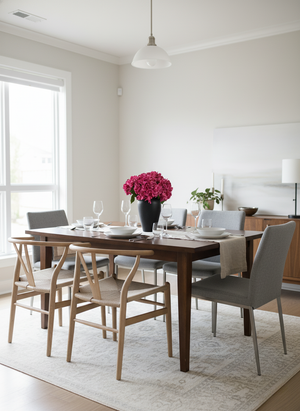 Modern dining room with fuchsia pink faux hydrangea arrangement as table centrepiece #fuchsia-pink