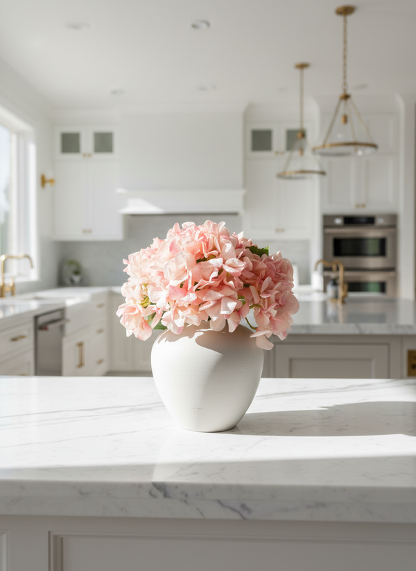 Elegant peachy pink artificial hydrangea arrangement on marble kitchen bench top #peachy-pink