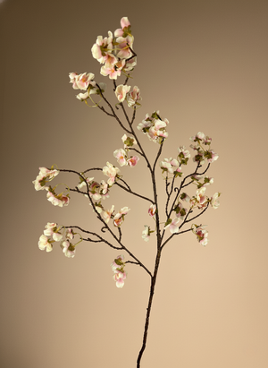 Delicate blush pink cherry blossom branch with small silk flowers against a soft neutral tan background #blush-pink