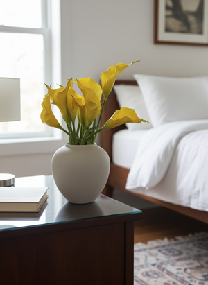 Artificial yellow calla lilies in a white ceramic vase, styled on a bedside table in a modern bedroom #yellow