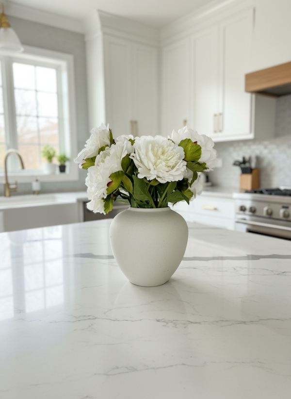Luxury white artificial peonies styled in ceramic vase on modern kitchen bench top #white