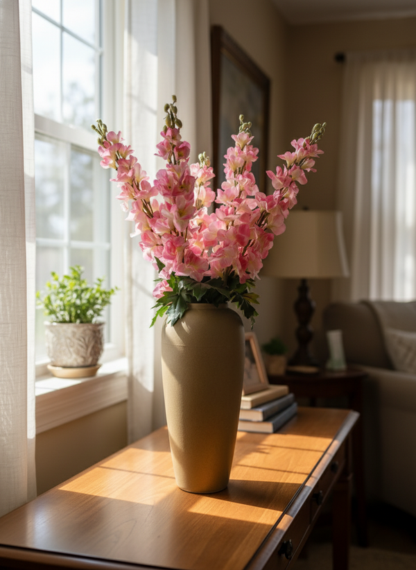 Real touch faux pink delphinium arrangement in a ceramic vase placed on a wooden console table beside a sunlit window #pink
