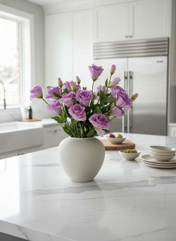 Luxury lilac pink real touch artificial lisianthus styled in neutral vase in modern kitchen #lilac-pink