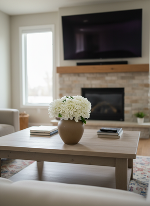Contemporary living room décor with white faux hydrangea centrepiece #white