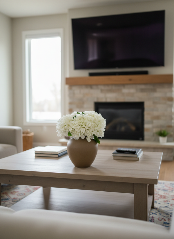Contemporary living room décor with white faux hydrangea centrepiece #white