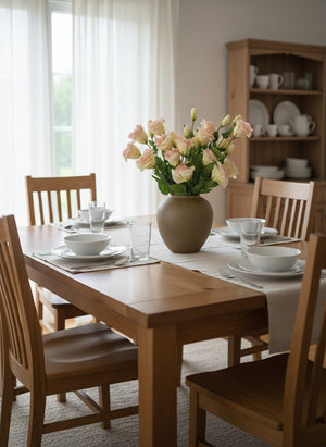 Elegant blush pink faux lisianthus arrangement in ceramic vase as dining table centrepiece #blush-pink