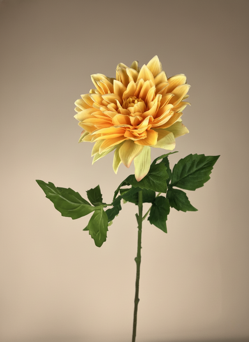 Real touch apricot orange faux dahlia arrangement in a matte ceramic vase on a round marble table #apricot-orange