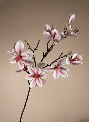 Single pink faux magnolia branch with realistic buds and blossoms, premium artificial spring floral stem for vases