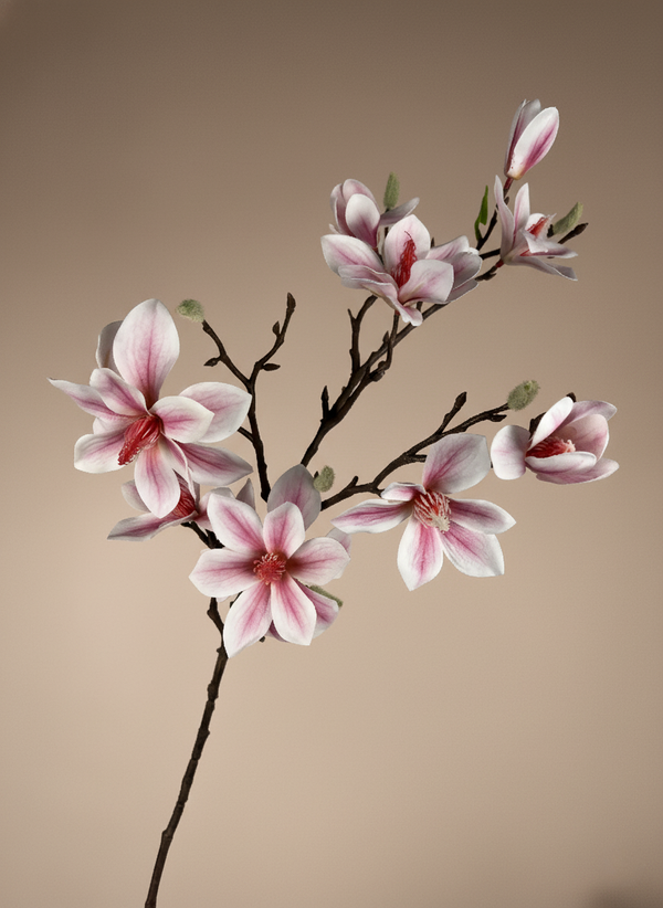 Single pink faux magnolia branch with realistic buds and blossoms, premium artificial spring floral stem for vases