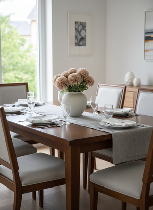 Faux beige pompom flower arrangement in white vase as dining table centrepiece, styled modern home decor setting #blush-beige