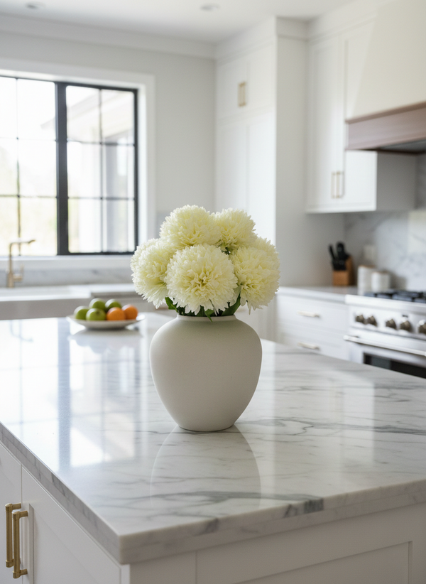 Realistic ivory pompom faux flowers in a ceramic vase, styled as modern kitchen island home decor #ivory