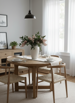 Luxury artificial pink berry foliage in a matte white vase, styled as a dining table centrepiece in a modern home #pale-pink