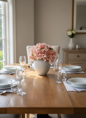 Soft pink faux hydrangea arrangement in ceramic vase as dining table centrepiece #peachy-pink