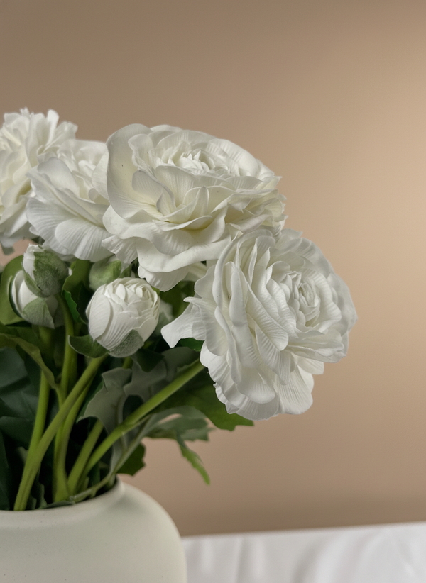 Realistic white real touch ranunculus artificial flowers arranged in a modern white ceramic vase #white 
