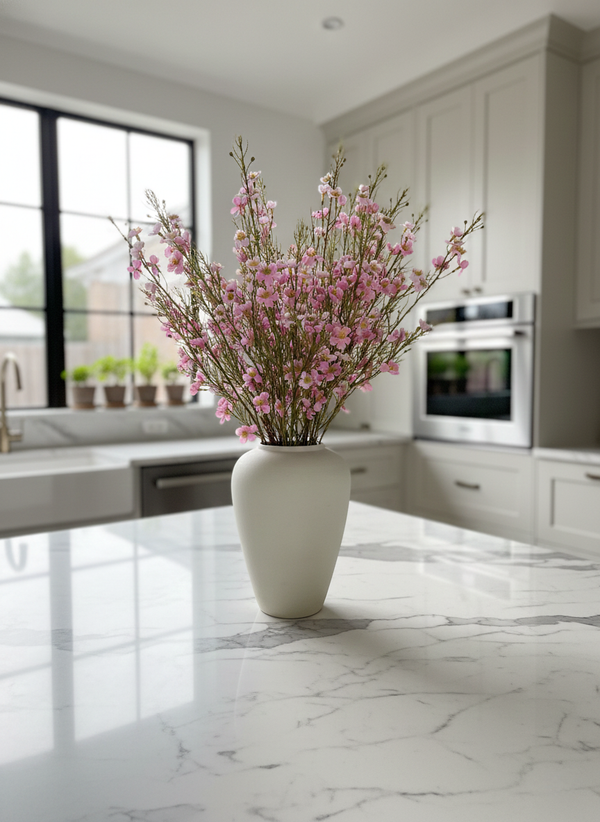 Realistic real touch pink faux wax flowers arranged in a matte white ceramic vase styled for bright modern kitchen #pink