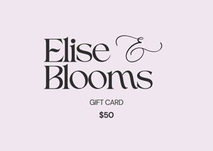 Elise Blooms gift card with a $50 value on a light pink background #$50.00