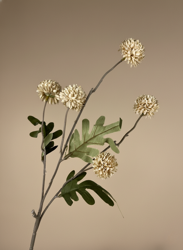 Beige real touch faux pompom flower stem with delicate textured blooms and natural foliage on a neutral background #beige