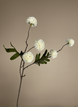 White real touch faux pompom flower stem with delicate textured blooms and natural foliage on a neutral background #white