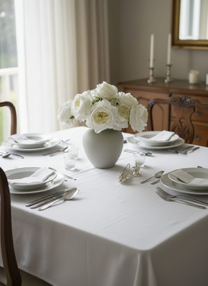 Luxury faux white rose arrangement in a matte ceramic vase styled as an elegant dining table centrepiece #white