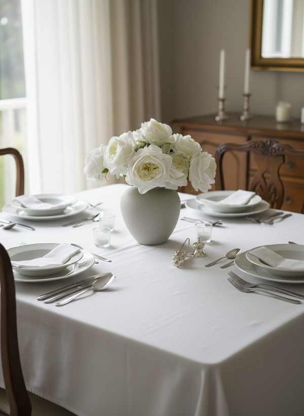 Luxury faux white rose arrangement in a matte ceramic vase styled as an elegant dining table centrepiece #white