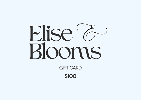Elise Blooms gift card design with brand name and $100 value on a sky blue background #$100.00