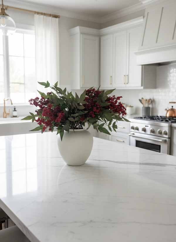 Artificial red berry and greenery arrangement in a white ceramic vase for modern kitchen decor #red
