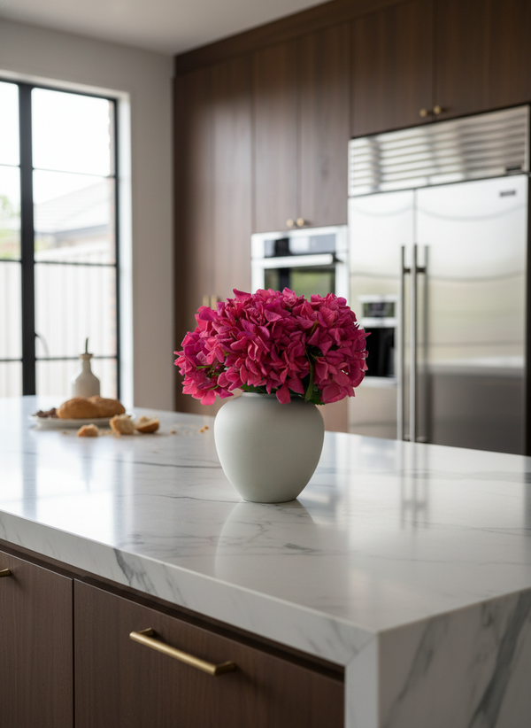 Elegant pink artificial hydrangea arrangement on marble kitchen bench top #fuchsia-pink