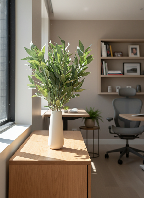 Premium faux eucalyptus arrangement in a white ceramic vase styled on a wooden desk in a modern home office
