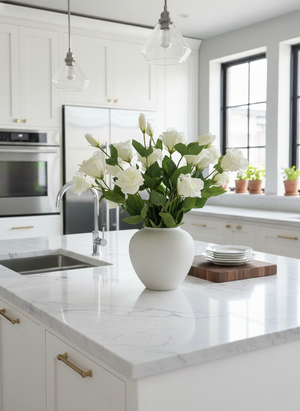 Luxury white real touch artificial lisianthus styled in neutral vase in modern kitchen #white