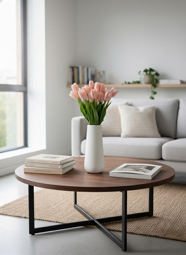 Premium pink tulips in a matte white vase on a wood coffee table in a bright, modern living room #baby-pink 
