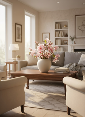 Pink real-touch faux magnolia arrangement in cream vase on wooden coffee table, luxury sunlit living room home decor styling