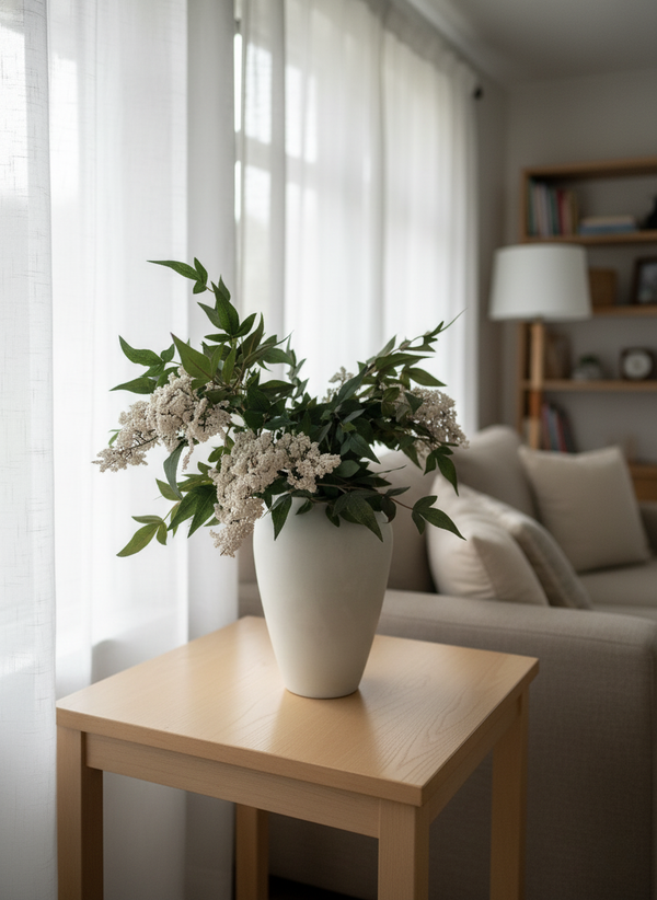 Lifelike artificial white berry foliage in a matte white vase, styled on a wooden side table in a neutral living room #white