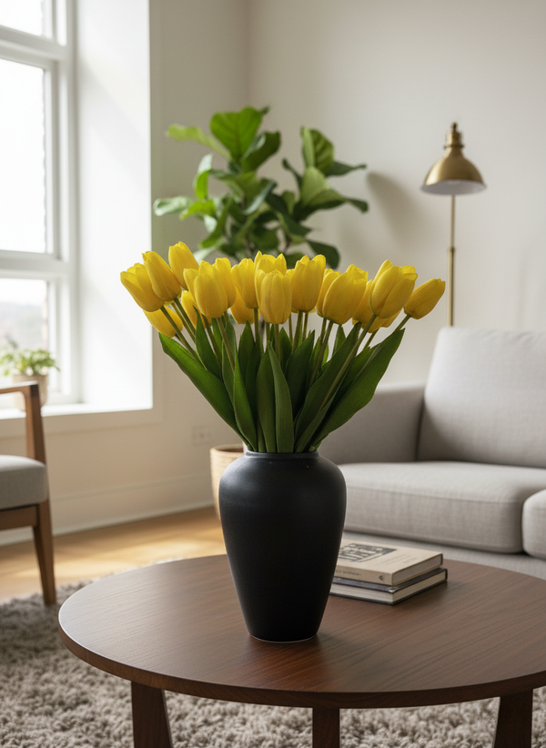Premium yellow tulips in a black vase on a wood coffee table in a bright, modern living room. #yellow