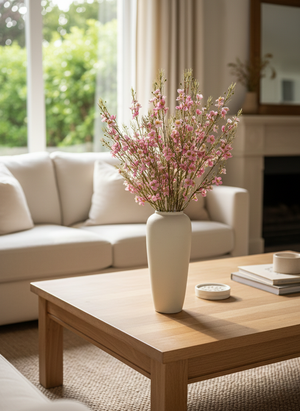 Pink real touch faux wax flower arrangement with delicate blooms in a matte white ceramic vase for modern living decor #pink