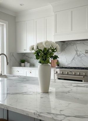 Real-touch faux white ranunculus arranged in a tall ceramic vase on a marble kitchen island in a light-filled home #white