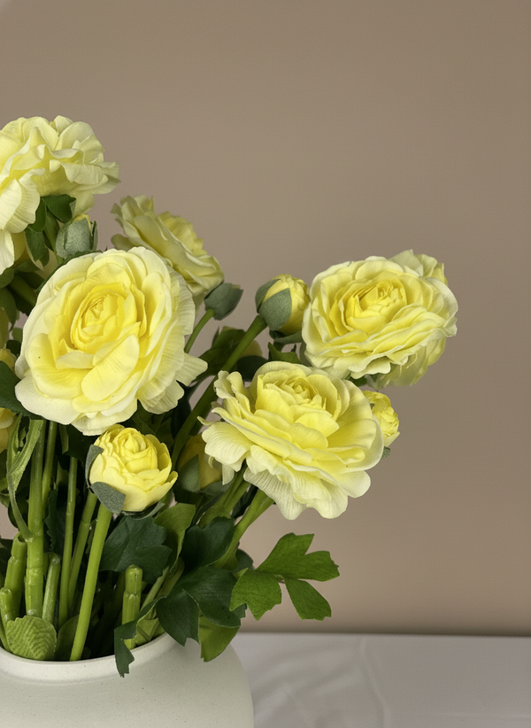 Realistic yellow real-touch ranunculus artificial flowers arranged in a modern white ceramic vase #yellow