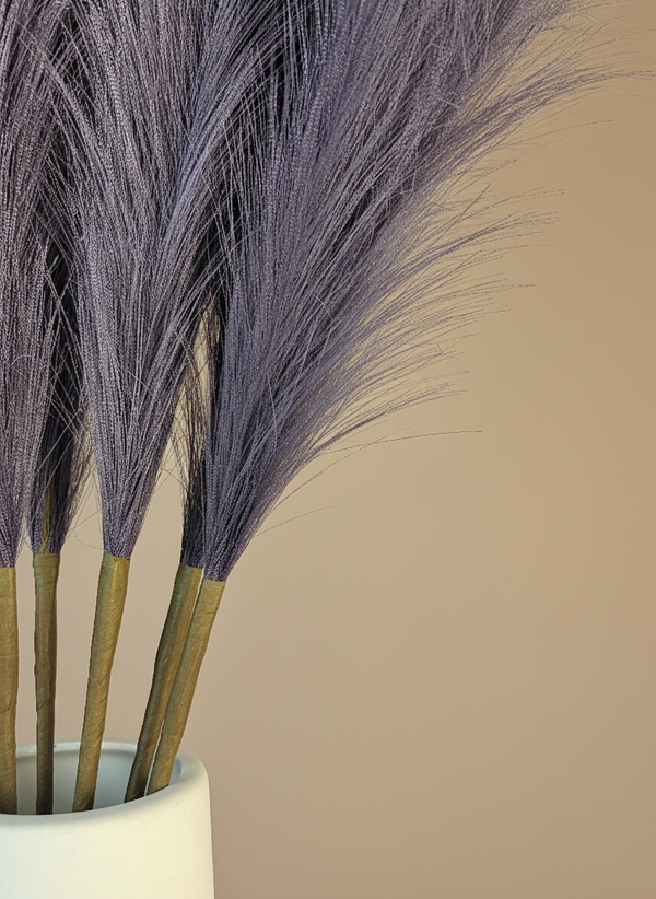 Violet faux pampas grass detail in white ceramic vase, realistic luxury silk plumes and wrapped stems #deep-violet