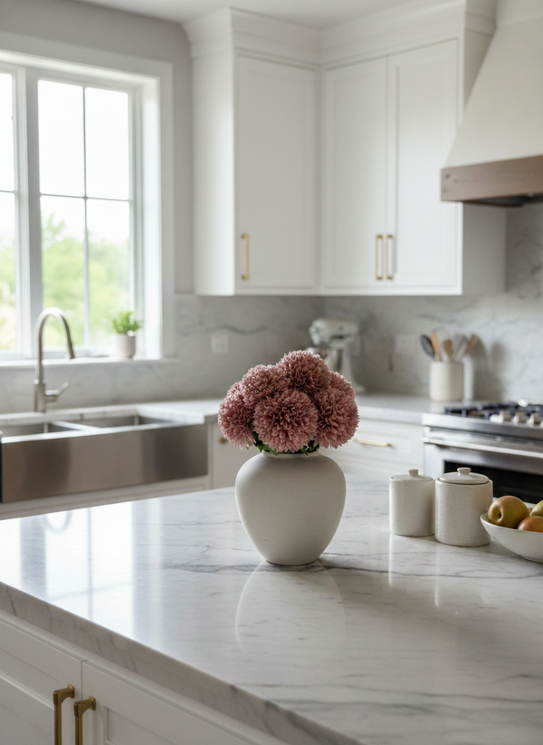 Realistic pink faux pompom flowers in a ceramic vase, styled as modern kitchen island home decor #blush-pink