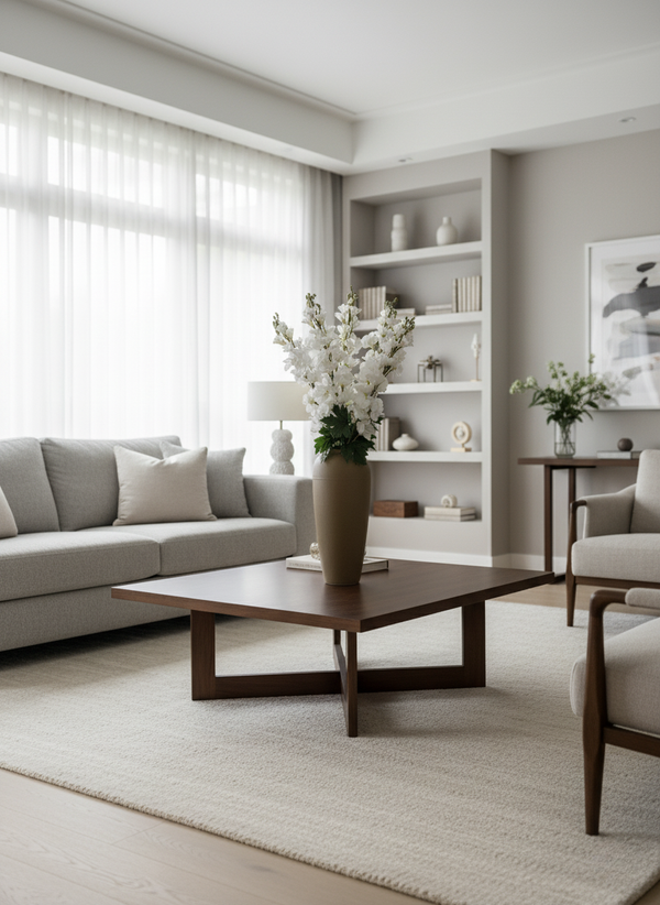 Modern neutral living room featuring a white faux flower arrangement in a ceramic vase on a wooden coffee table #white
