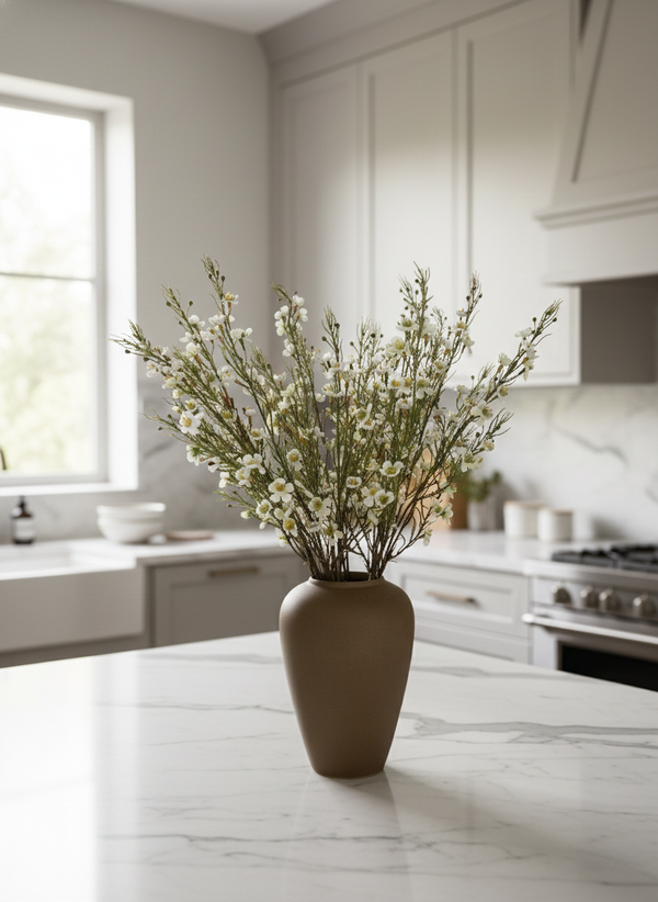 Realistic white real touch faux wax flowers arranged in a matte brown ceramic vase styled for bright modern kitchen #white