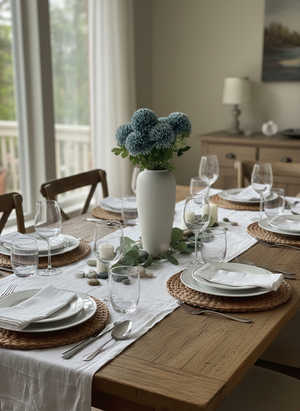Faux teal pompom flower arrangement in white vase as dining table centrepiece, styled modern home decor setting #teal