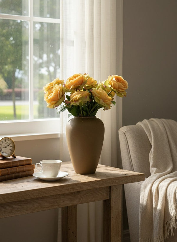 Luxury faux apricot orange rose arrangement in a matte ceramic vase styled on a sunlit wooden side table #apricot-orange 
